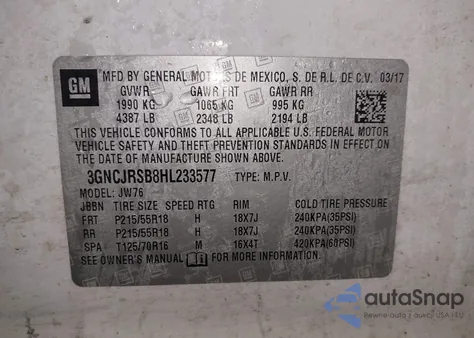 2017 Chevrolet Trax Premier from USA, damaged, VIN 3GNCJRSB8HL233577